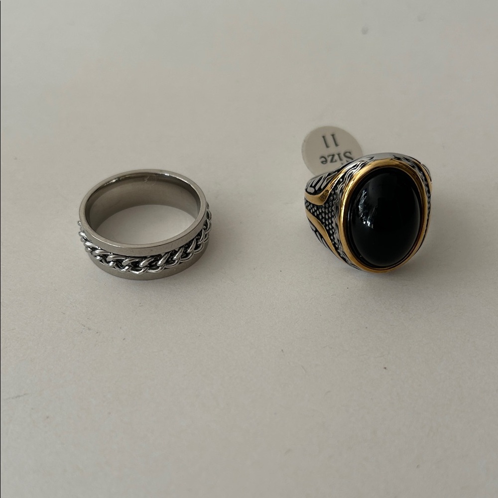 Men's Silver and Black Ring Set